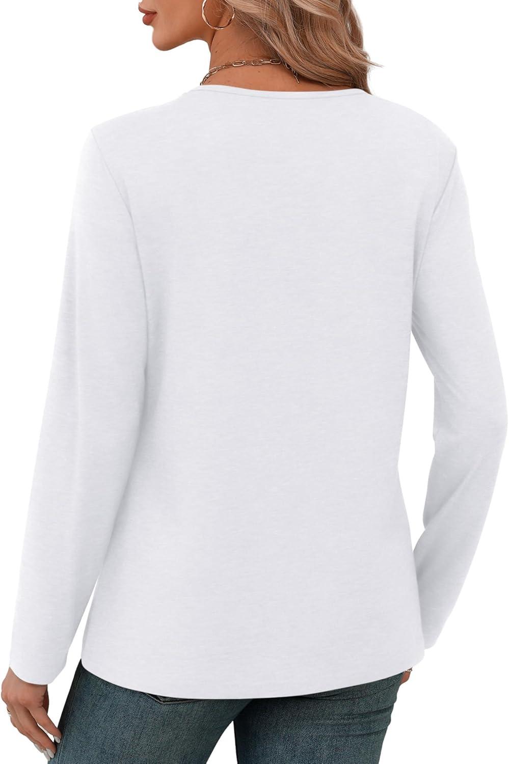 imageXIEERDUO Long Sleeve Shirts for Women V Neck Fall Tops Basic Tunic Tops Loose Fit Dressy 2025White