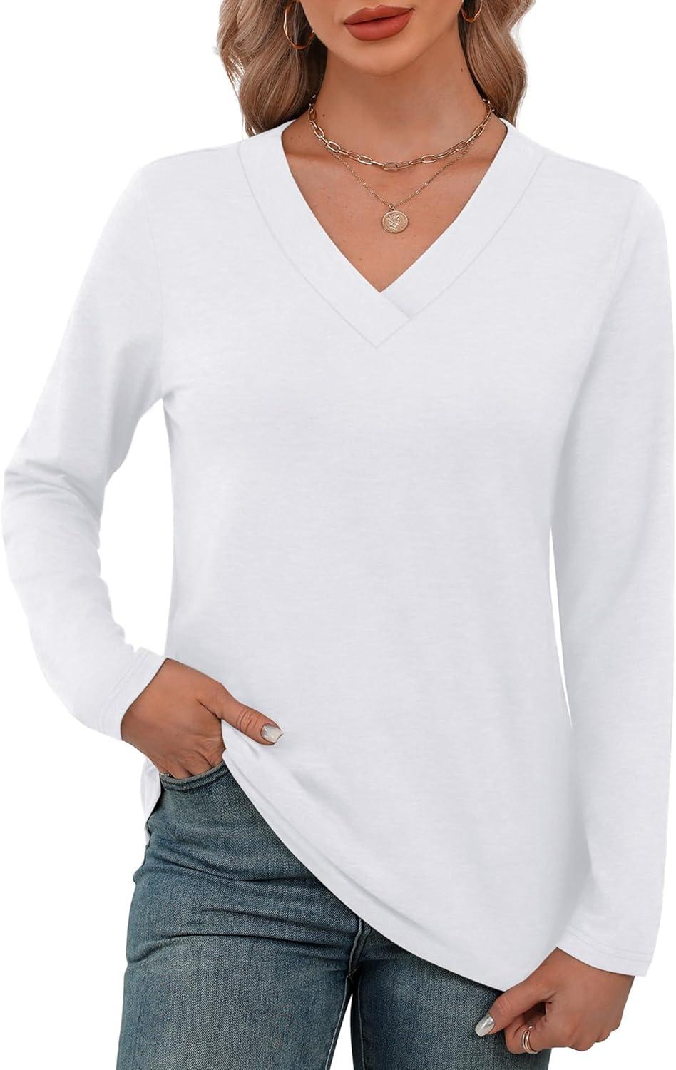 imageXIEERDUO Long Sleeve Shirts for Women V Neck Fall Tops Basic Tunic Tops Loose Fit Dressy 2025White