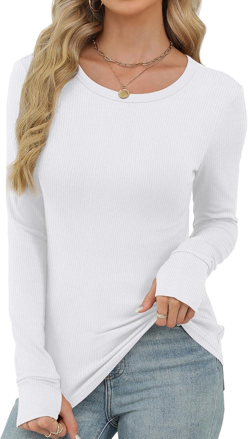 imageXIEERDUO Long Sleeve Thermal Shirt for Women Fleece Slim Fit Tops Crewneck Basic TShirts with Thumb Holes Fall Fashion 2025Awhite