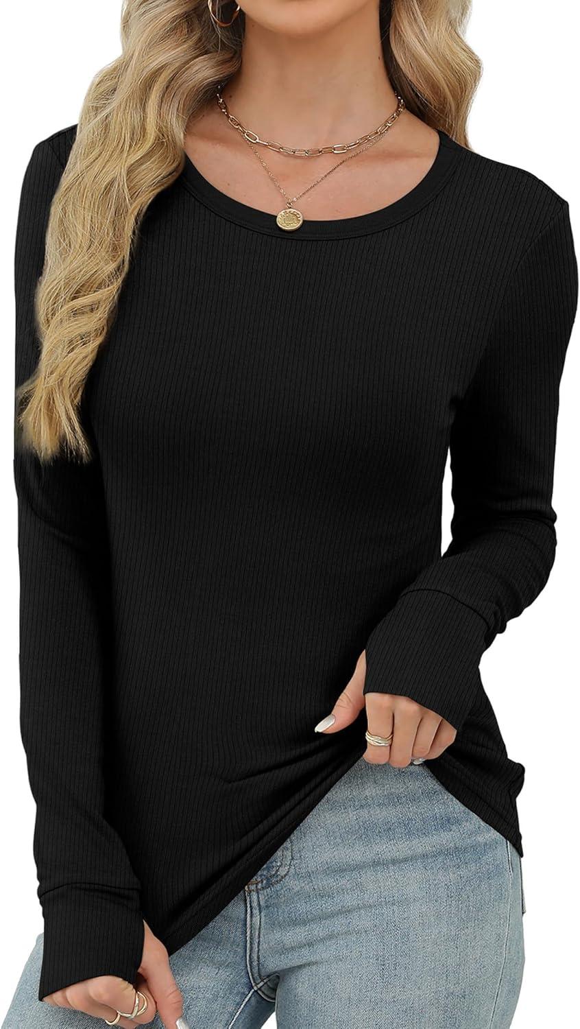 imageXIEERDUO Long Sleeve Thermal Shirt for Women Fleece Slim Fit Tops Crewneck Basic TShirts with Thumb Holes Fall Fashion 2025Bblack