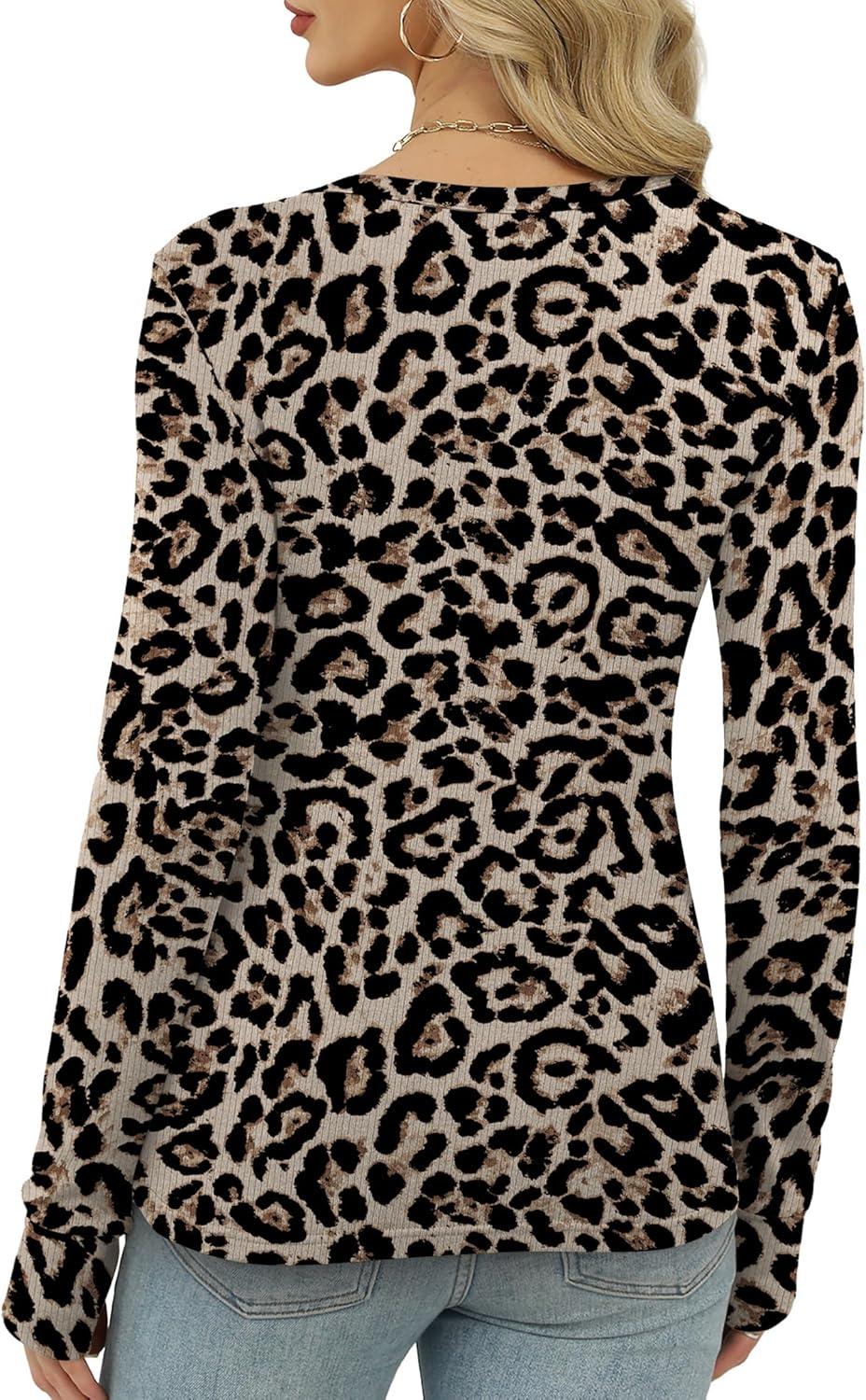 imageXIEERDUO Long Sleeve Thermal Shirt for Women Fleece Slim Fit Tops Crewneck Basic TShirts with Thumb Holes Fall Fashion 2025Leopard Print
