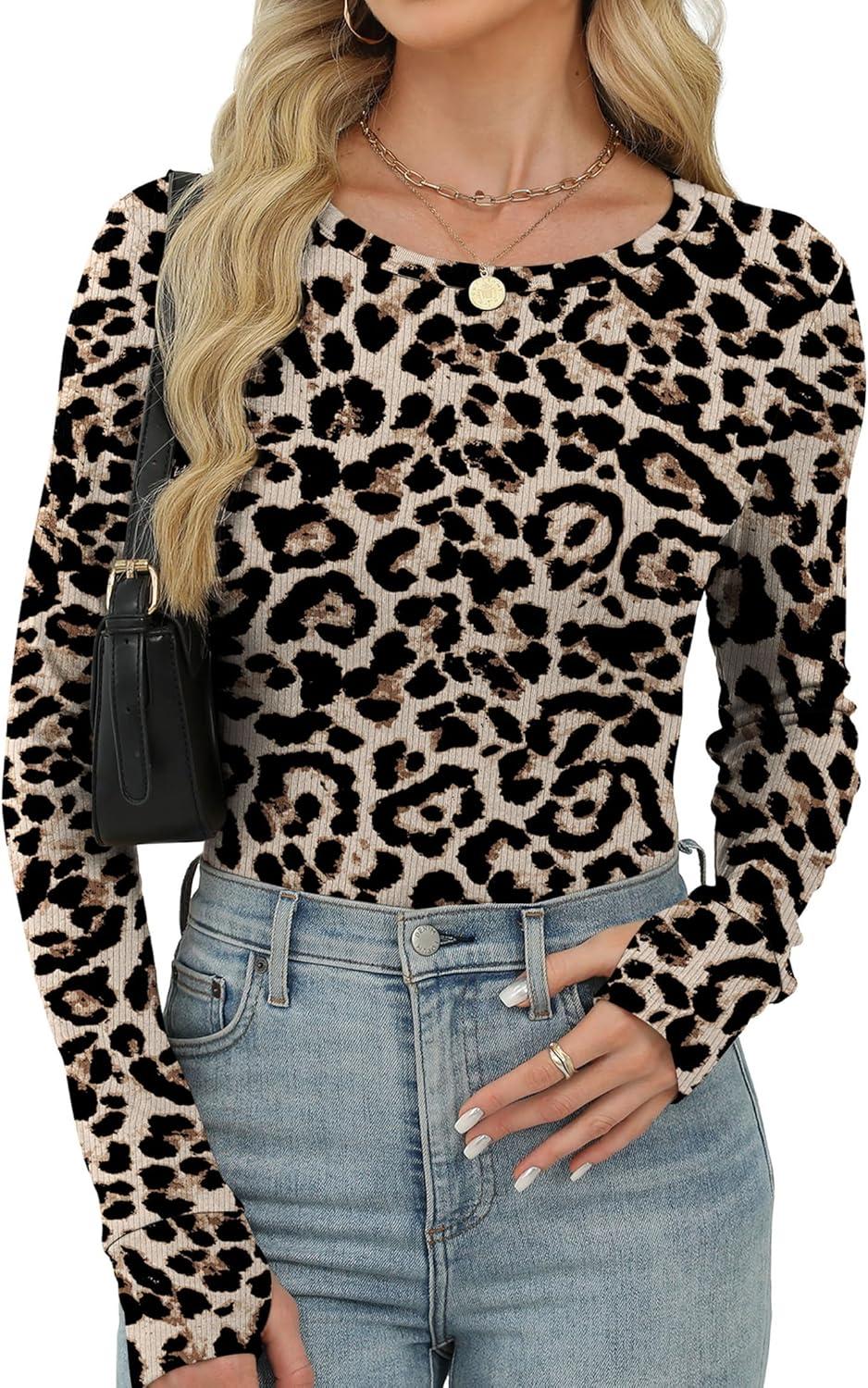imageXIEERDUO Long Sleeve Thermal Shirt for Women Fleece Slim Fit Tops Crewneck Basic TShirts with Thumb Holes Fall Fashion 2025Leopard Print