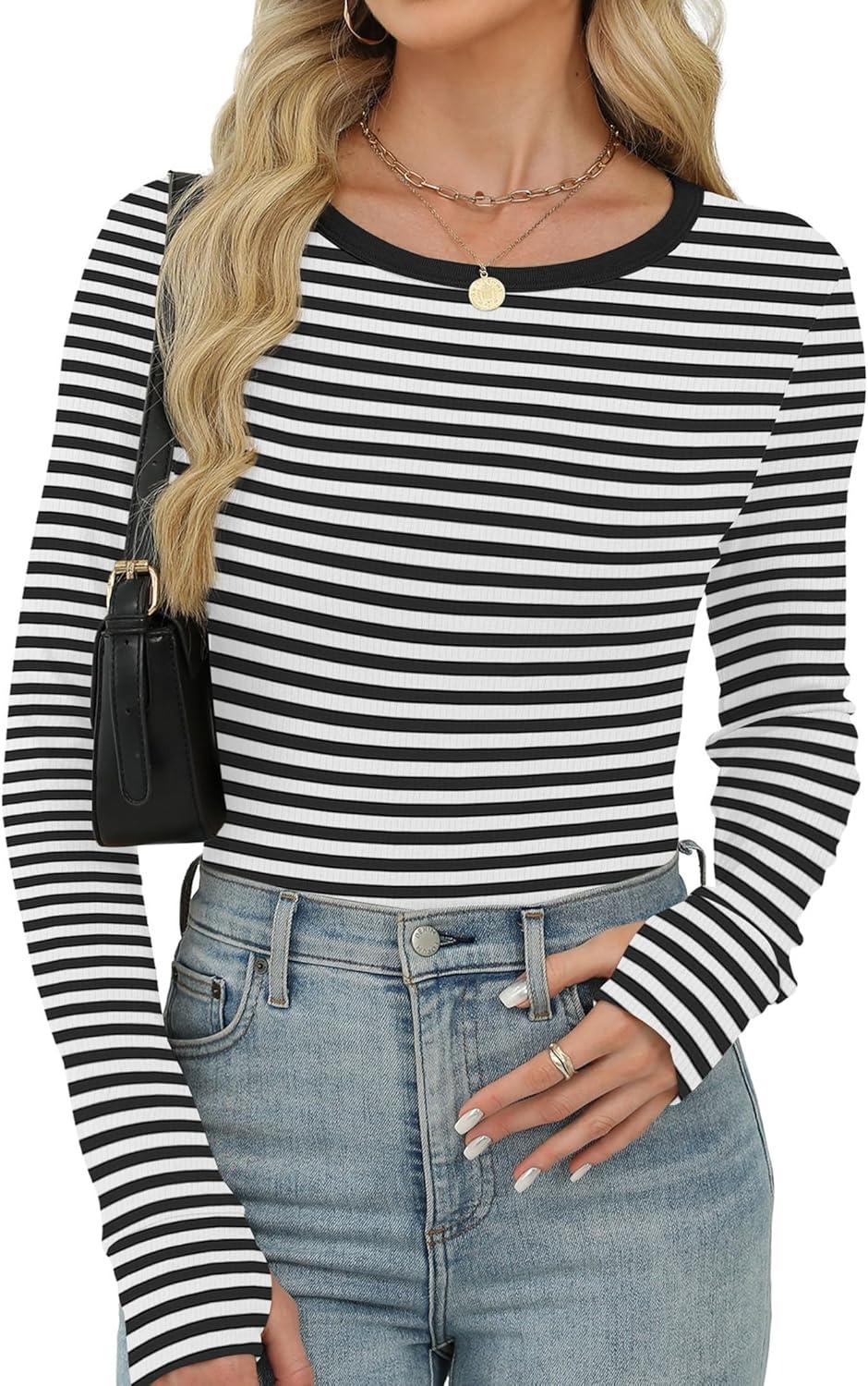 imageXIEERDUO Long Sleeve Thermal Shirt for Women Fleece Slim Fit Tops Crewneck Basic TShirts with Thumb Holes Fall Fashion 2025Stripeblack White