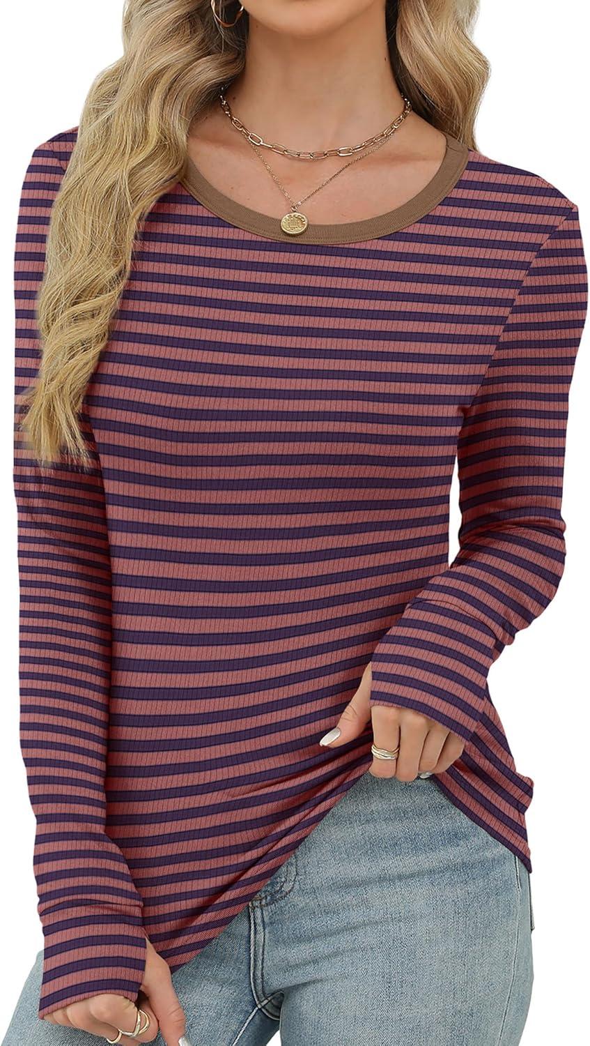 imageXIEERDUO Long Sleeve Thermal Shirt for Women Fleece Slim Fit Tops Crewneck Basic TShirts with Thumb Holes Fall Fashion 2025Stripebrown Blue