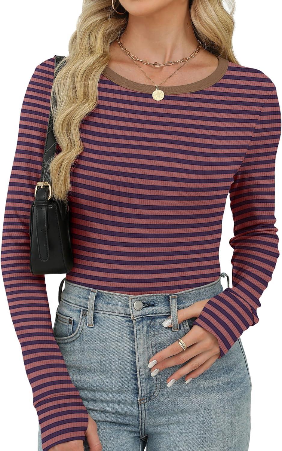 imageXIEERDUO Long Sleeve Thermal Shirt for Women Fleece Slim Fit Tops Crewneck Basic TShirts with Thumb Holes Fall Fashion 2025Stripebrown Blue