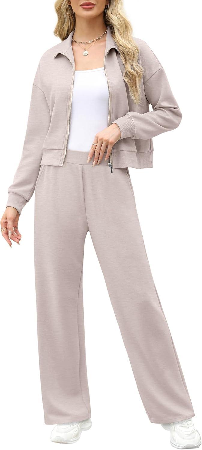 imageXIEERDUO Lounge Sets for Women 2025 Sweatsuit 2 Piece Outfits Sweatshirt Wide Leg Sweatpant Tracksuit Matching SetApricot