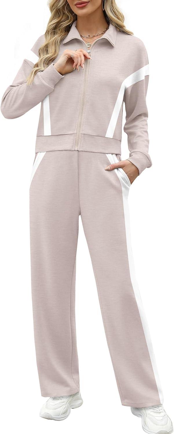imageXIEERDUO Lounge Sets for Women 2025 Sweatsuit 2 Piece Outfits Sweatshirt Wide Leg Sweatpant Tracksuit Matching SetApricotwhite