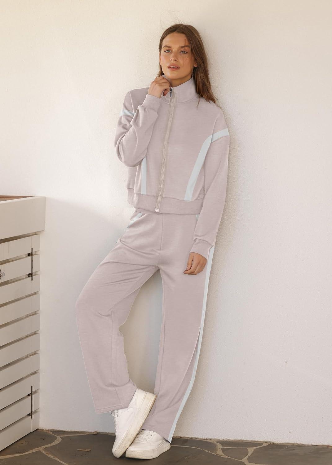 imageXIEERDUO Lounge Sets for Women 2025 Sweatsuit 2 Piece Outfits Sweatshirt Wide Leg Sweatpant Tracksuit Matching SetApricotwhite