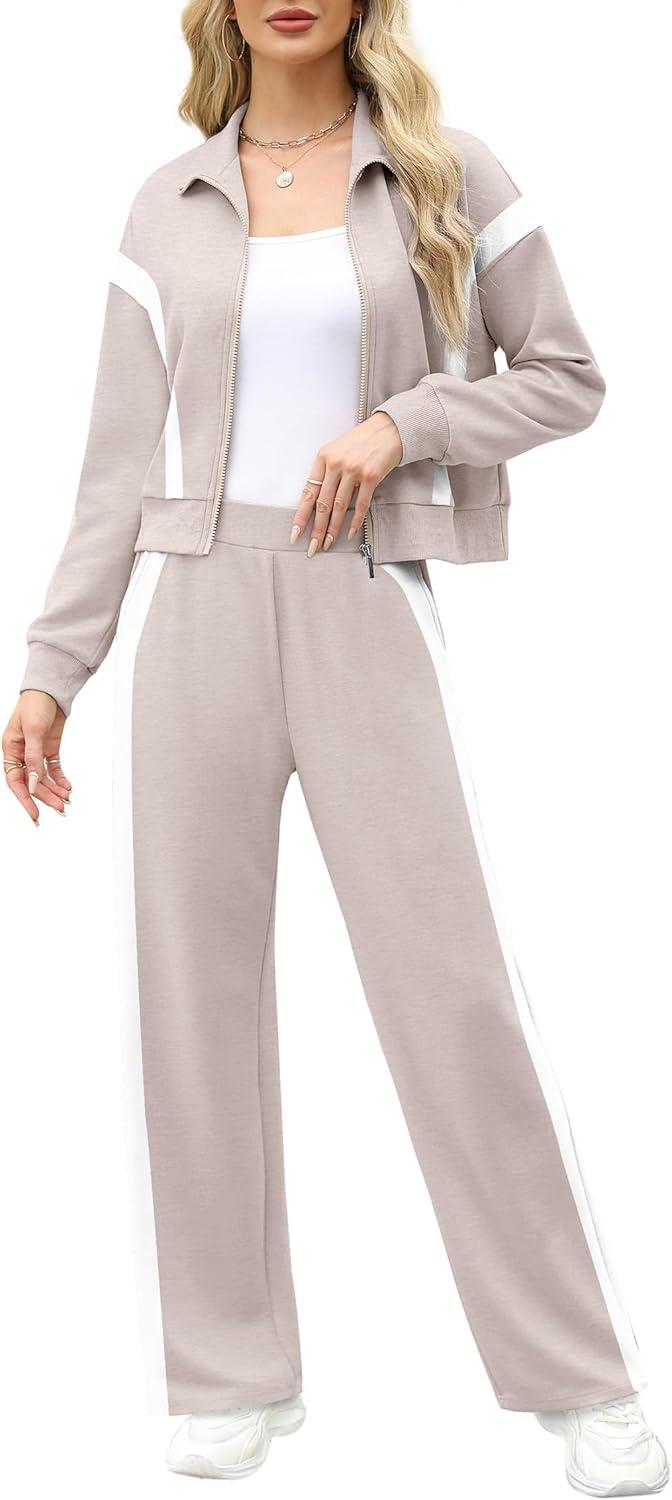 imageXIEERDUO Lounge Sets for Women 2025 Sweatsuit 2 Piece Outfits Sweatshirt Wide Leg Sweatpant Tracksuit Matching SetApricotwhite