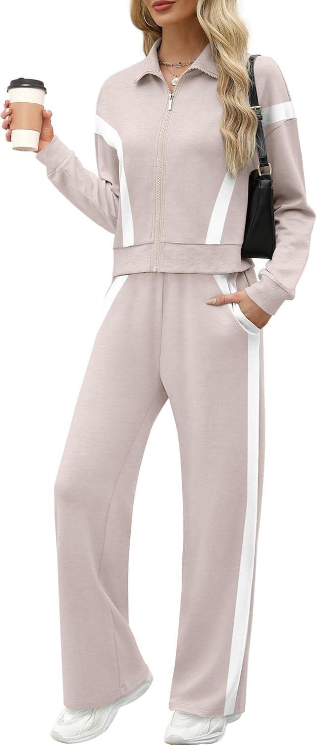 imageXIEERDUO Lounge Sets for Women 2025 Sweatsuit 2 Piece Outfits Sweatshirt Wide Leg Sweatpant Tracksuit Matching SetApricotwhite