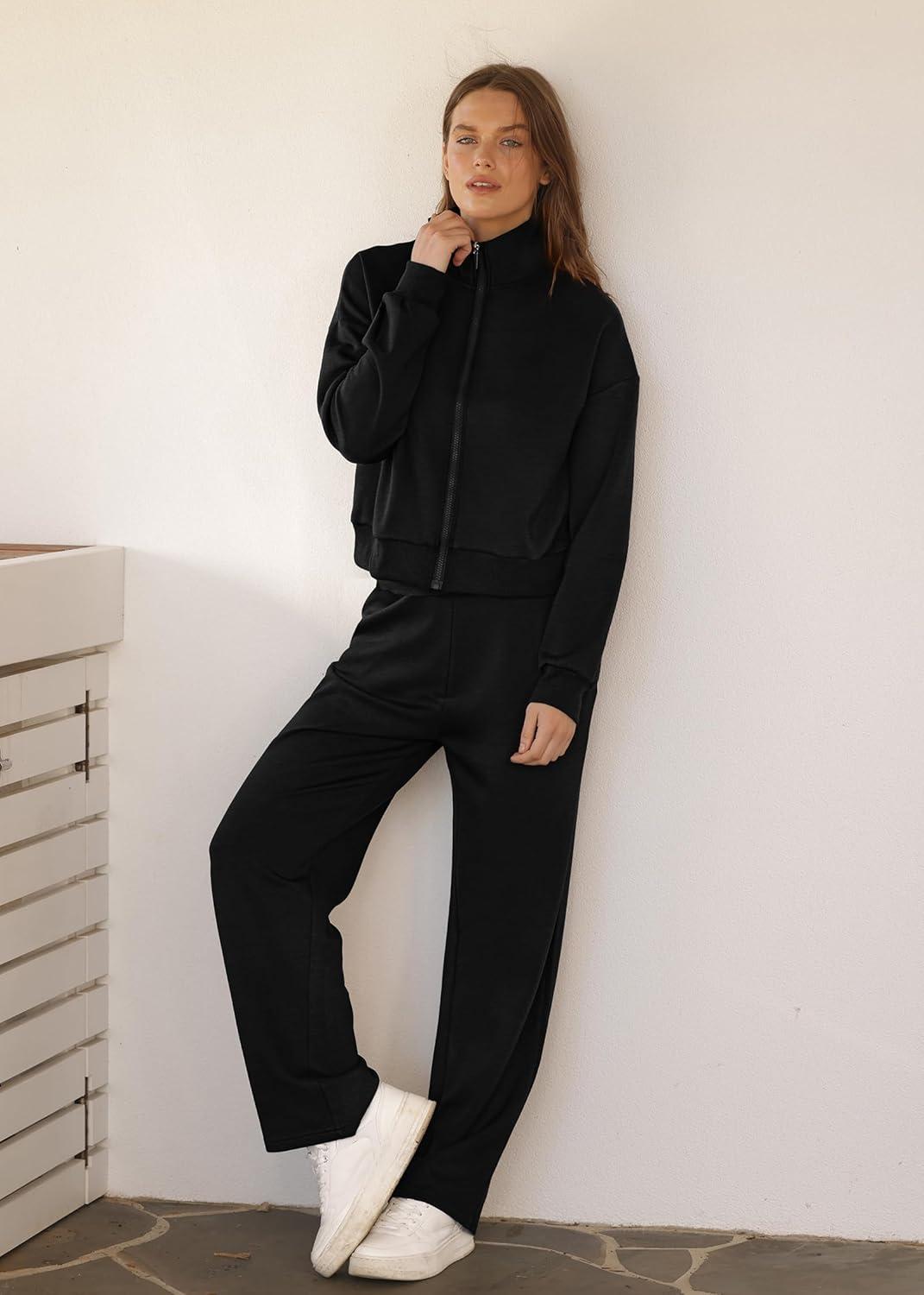 imageXIEERDUO Lounge Sets for Women 2025 Sweatsuit 2 Piece Outfits Sweatshirt Wide Leg Sweatpant Tracksuit Matching SetBlack