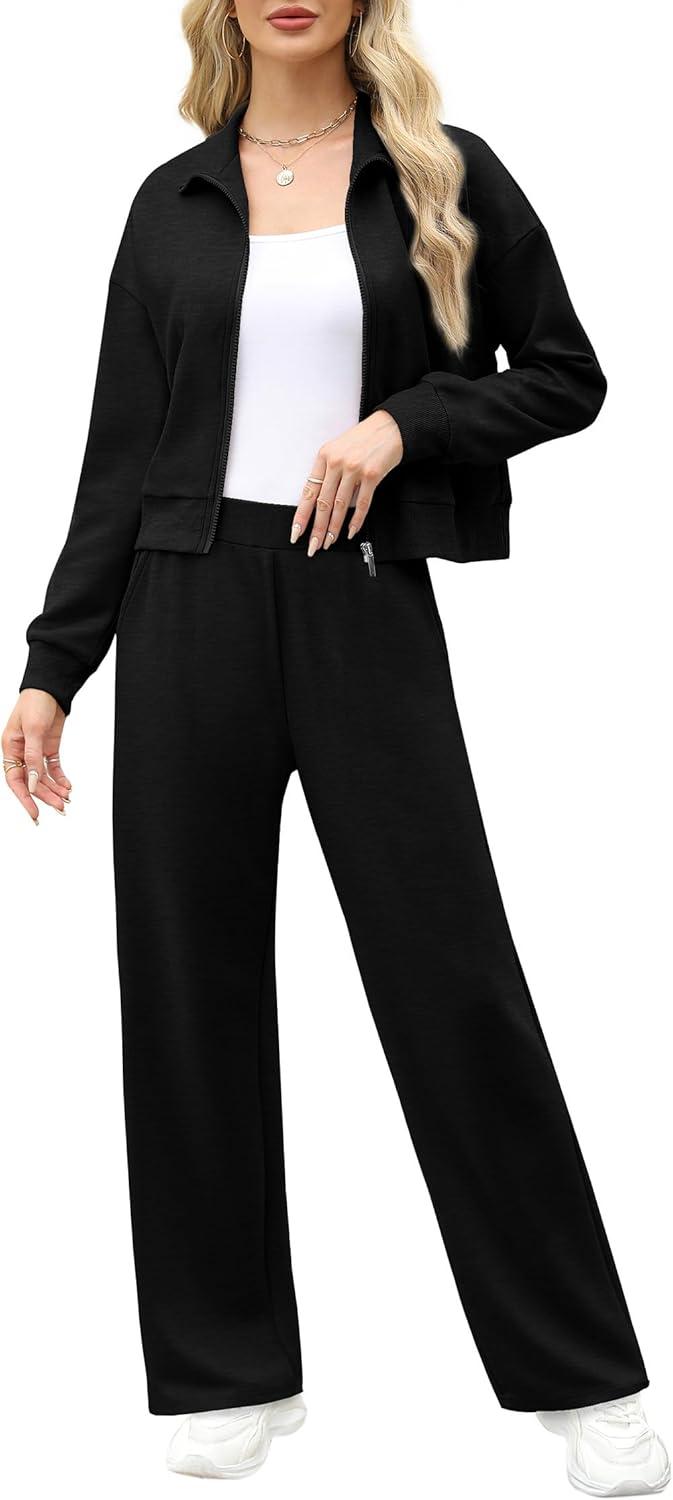imageXIEERDUO Lounge Sets for Women 2025 Sweatsuit 2 Piece Outfits Sweatshirt Wide Leg Sweatpant Tracksuit Matching SetBlack