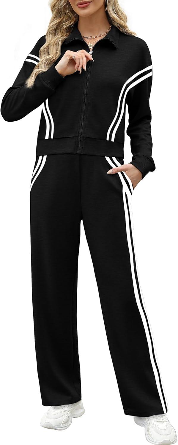 imageXIEERDUO Lounge Sets for Women 2025 Sweatsuit 2 Piece Outfits Sweatshirt Wide Leg Sweatpant Tracksuit Matching SetBlack Splice