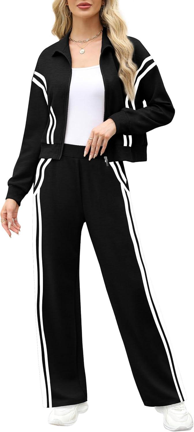 imageXIEERDUO Lounge Sets for Women 2025 Sweatsuit 2 Piece Outfits Sweatshirt Wide Leg Sweatpant Tracksuit Matching SetBlack Splice
