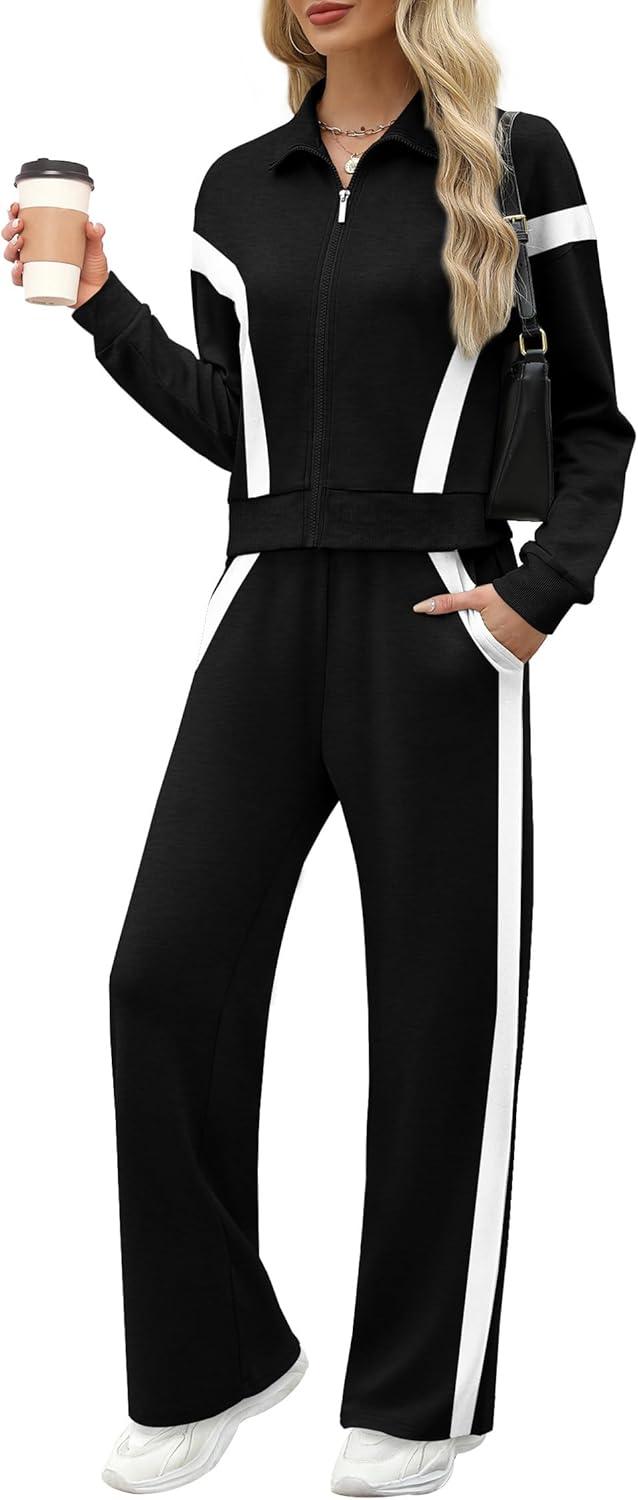 imageXIEERDUO Lounge Sets for Women 2025 Sweatsuit 2 Piece Outfits Sweatshirt Wide Leg Sweatpant Tracksuit Matching SetBlackwhite