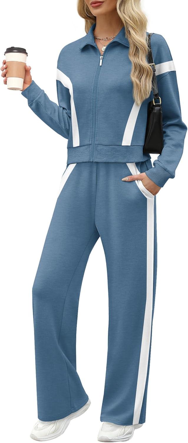 imageXIEERDUO Lounge Sets for Women 2025 Sweatsuit 2 Piece Outfits Sweatshirt Wide Leg Sweatpant Tracksuit Matching SetBluewhite