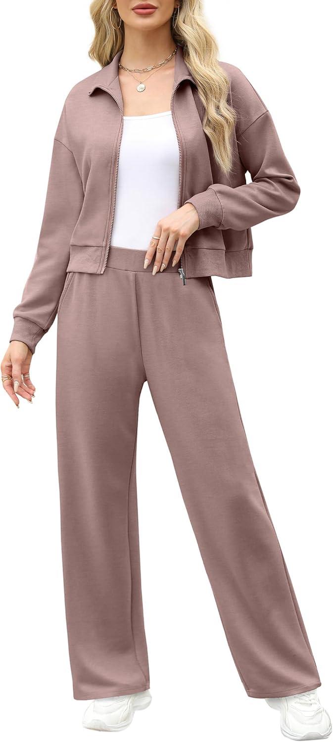 imageXIEERDUO Lounge Sets for Women 2025 Sweatsuit 2 Piece Outfits Sweatshirt Wide Leg Sweatpant Tracksuit Matching SetDark Pink