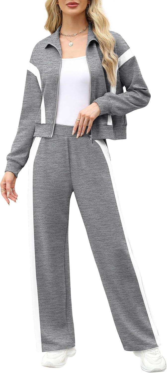 imageXIEERDUO Lounge Sets for Women 2025 Sweatsuit 2 Piece Outfits Sweatshirt Wide Leg Sweatpant Tracksuit Matching SetGreywhite