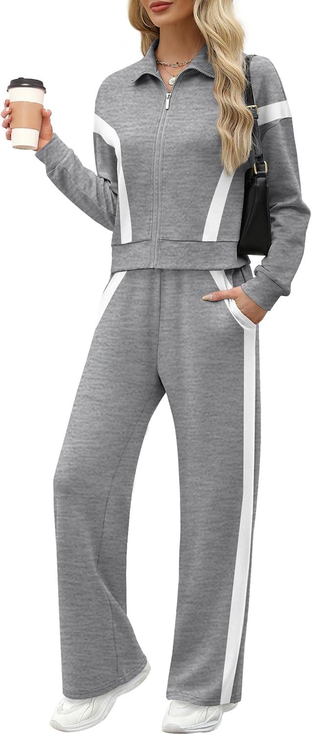 imageXIEERDUO Lounge Sets for Women 2025 Sweatsuit 2 Piece Outfits Sweatshirt Wide Leg Sweatpant Tracksuit Matching SetGreywhite