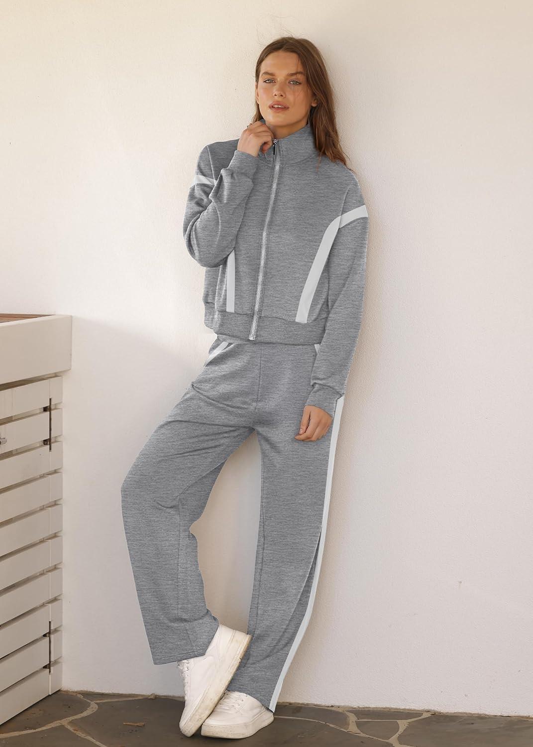 imageXIEERDUO Lounge Sets for Women 2025 Sweatsuit 2 Piece Outfits Sweatshirt Wide Leg Sweatpant Tracksuit Matching SetGreywhite