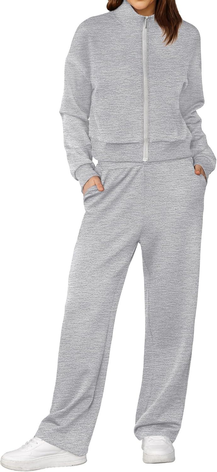 imageXIEERDUO Lounge Sets for Women 2025 Sweatsuit 2 Piece Outfits Sweatshirt Wide Leg Sweatpant Tracksuit Matching SetLight Grey