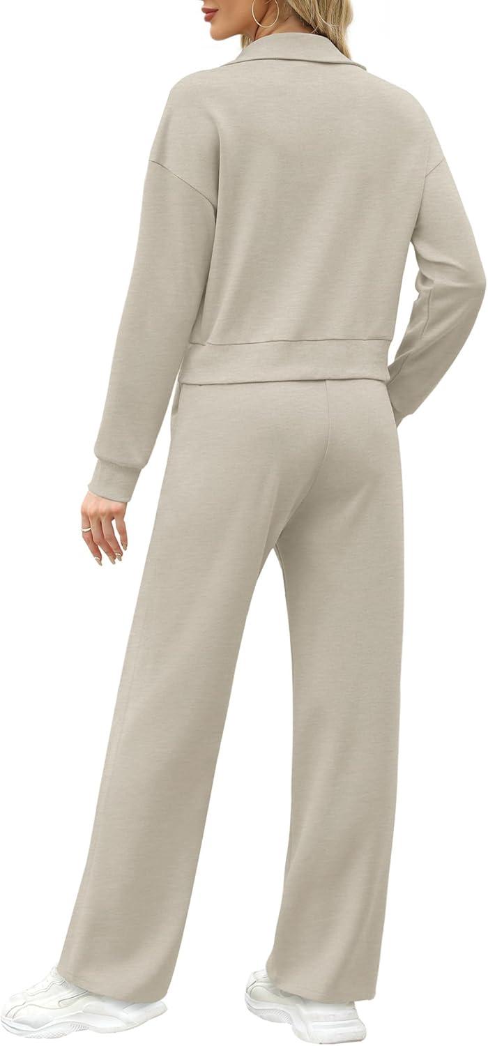imageXIEERDUO Lounge Sets for Women 2025 Sweatsuit 2 Piece Outfits Sweatshirt Wide Leg Sweatpant Tracksuit Matching SetLight Khaki