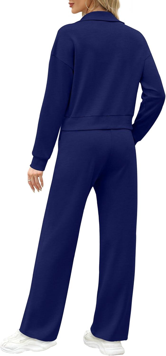 imageXIEERDUO Lounge Sets for Women 2025 Sweatsuit 2 Piece Outfits Sweatshirt Wide Leg Sweatpant Tracksuit Matching SetNavy Blue