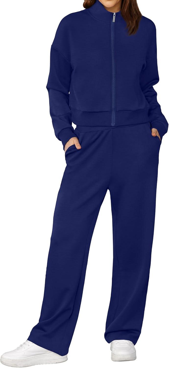 imageXIEERDUO Lounge Sets for Women 2025 Sweatsuit 2 Piece Outfits Sweatshirt Wide Leg Sweatpant Tracksuit Matching SetNavy Blue