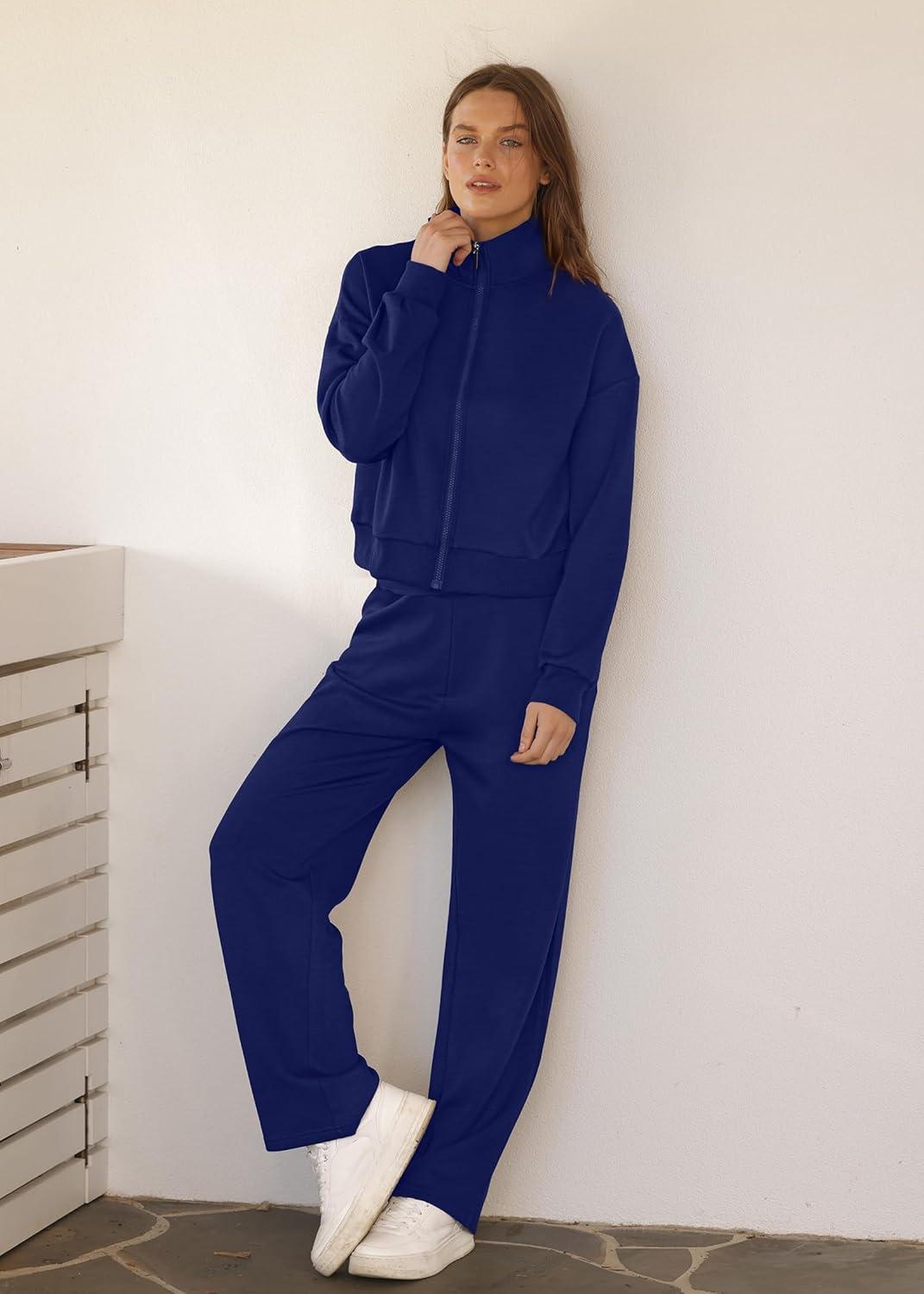 imageXIEERDUO Lounge Sets for Women 2025 Sweatsuit 2 Piece Outfits Sweatshirt Wide Leg Sweatpant Tracksuit Matching SetNavy Blue