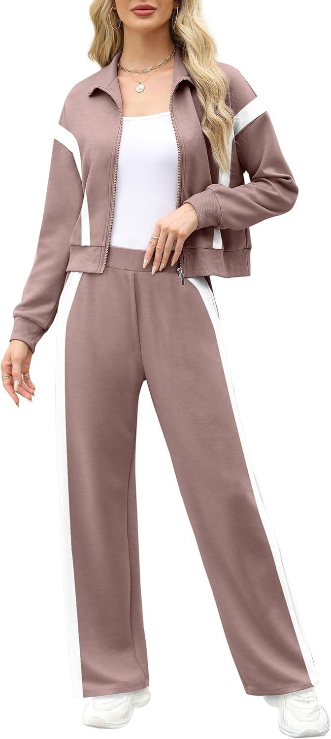 imageXIEERDUO Lounge Sets for Women 2025 Sweatsuit 2 Piece Outfits Sweatshirt Wide Leg Sweatpant Tracksuit Matching SetPinkwhite