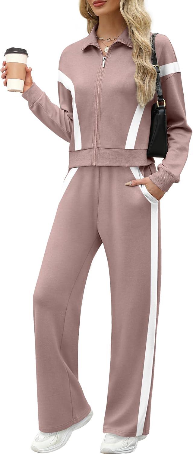 imageXIEERDUO Lounge Sets for Women 2025 Sweatsuit 2 Piece Outfits Sweatshirt Wide Leg Sweatpant Tracksuit Matching SetPinkwhite