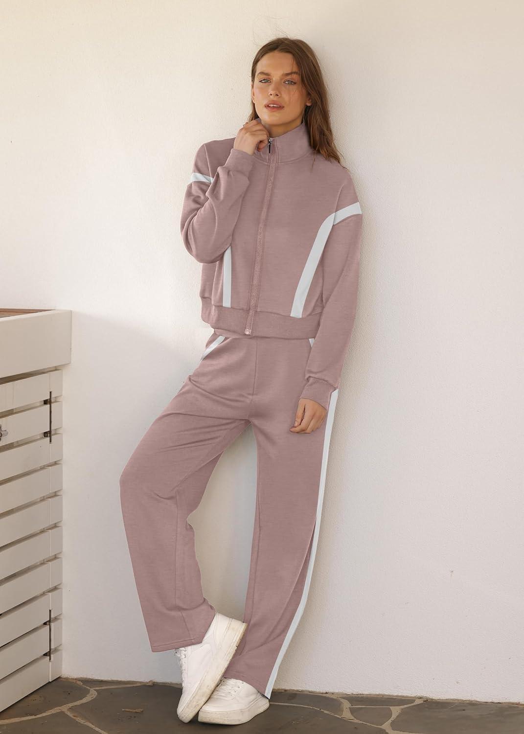 imageXIEERDUO Lounge Sets for Women 2025 Sweatsuit 2 Piece Outfits Sweatshirt Wide Leg Sweatpant Tracksuit Matching SetPinkwhite