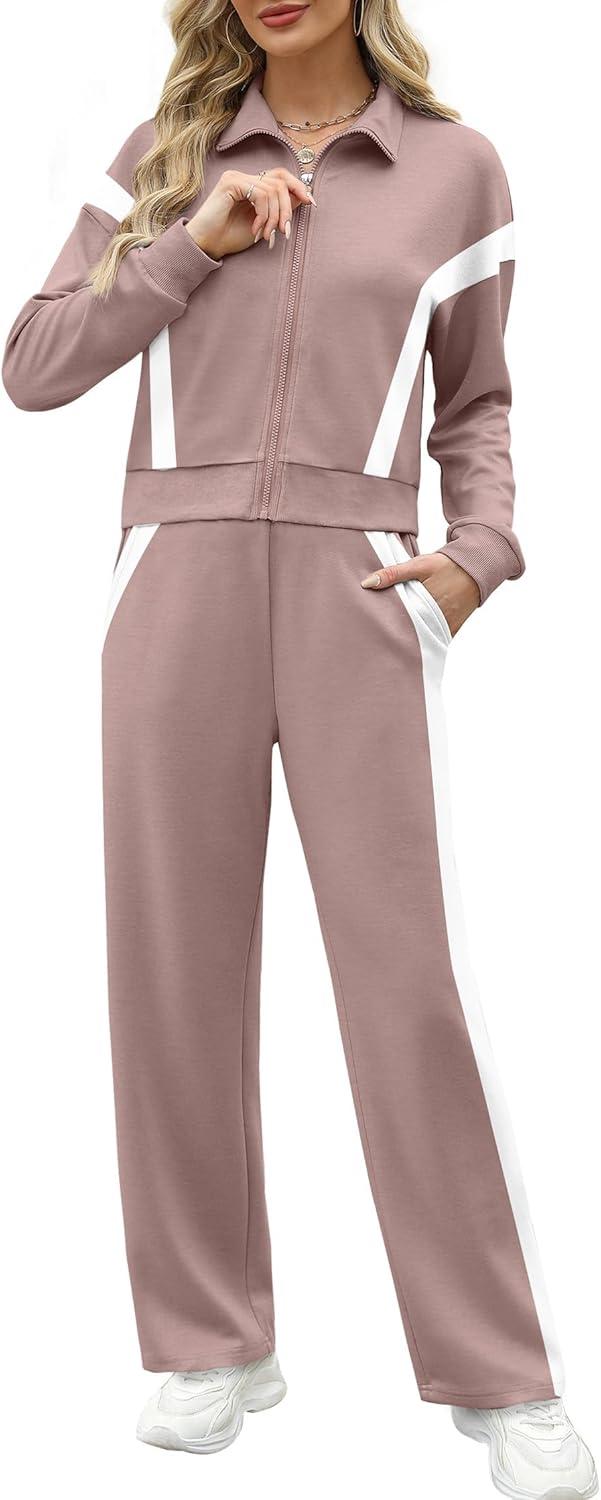 imageXIEERDUO Lounge Sets for Women 2025 Sweatsuit 2 Piece Outfits Sweatshirt Wide Leg Sweatpant Tracksuit Matching SetPinkwhite