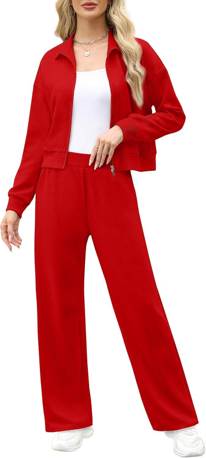 imageXIEERDUO Lounge Sets for Women 2025 Sweatsuit 2 Piece Outfits Sweatshirt Wide Leg Sweatpant Tracksuit Matching SetRed