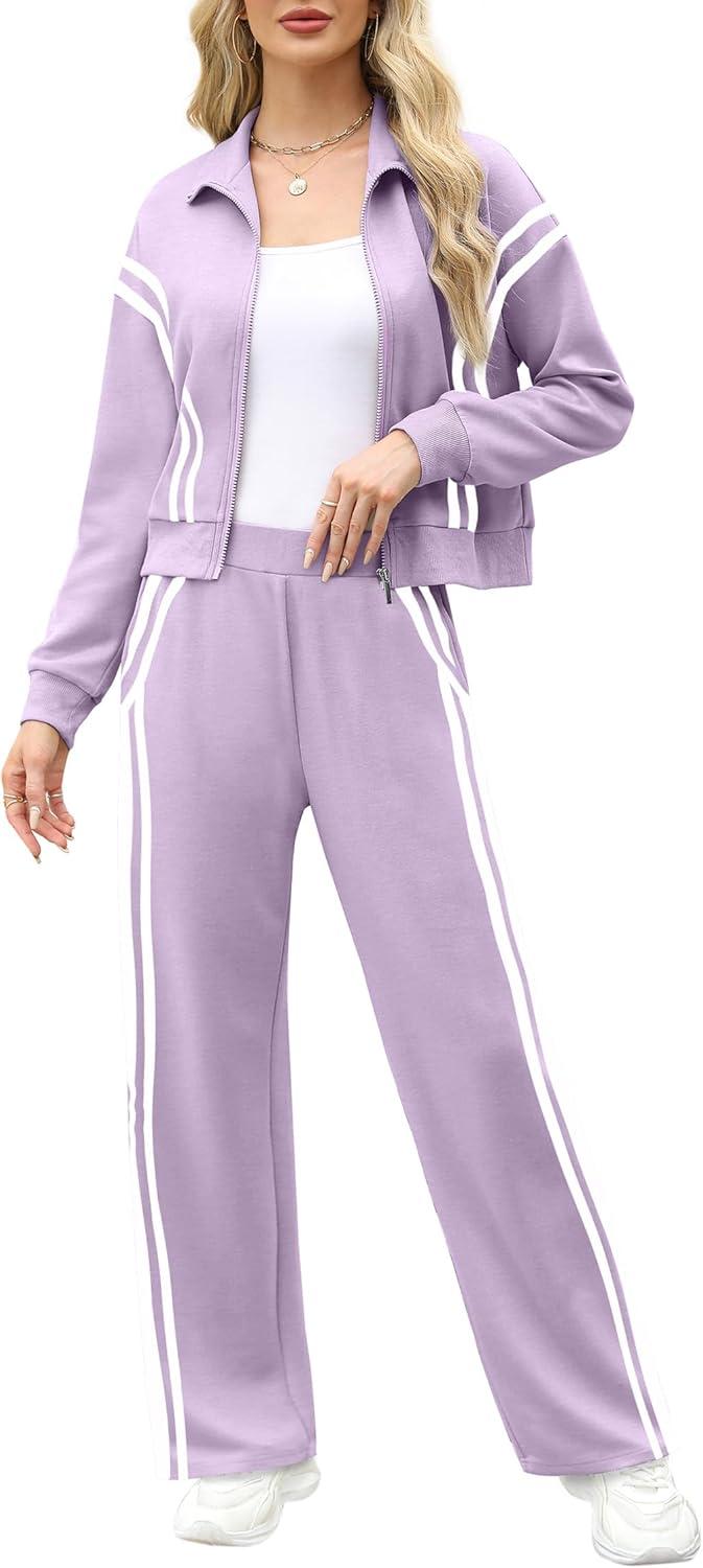 imageXIEERDUO Lounge Sets for Women 2025 Sweatsuit 2 Piece Outfits Sweatshirt Wide Leg Sweatpant Tracksuit Matching SetViolet