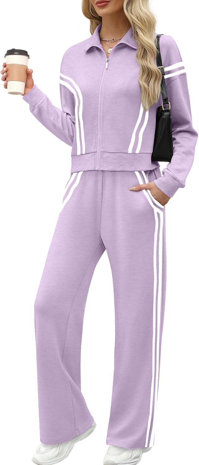 imageXIEERDUO Lounge Sets for Women 2025 Sweatsuit 2 Piece Outfits Sweatshirt Wide Leg Sweatpant Tracksuit Matching SetViolet