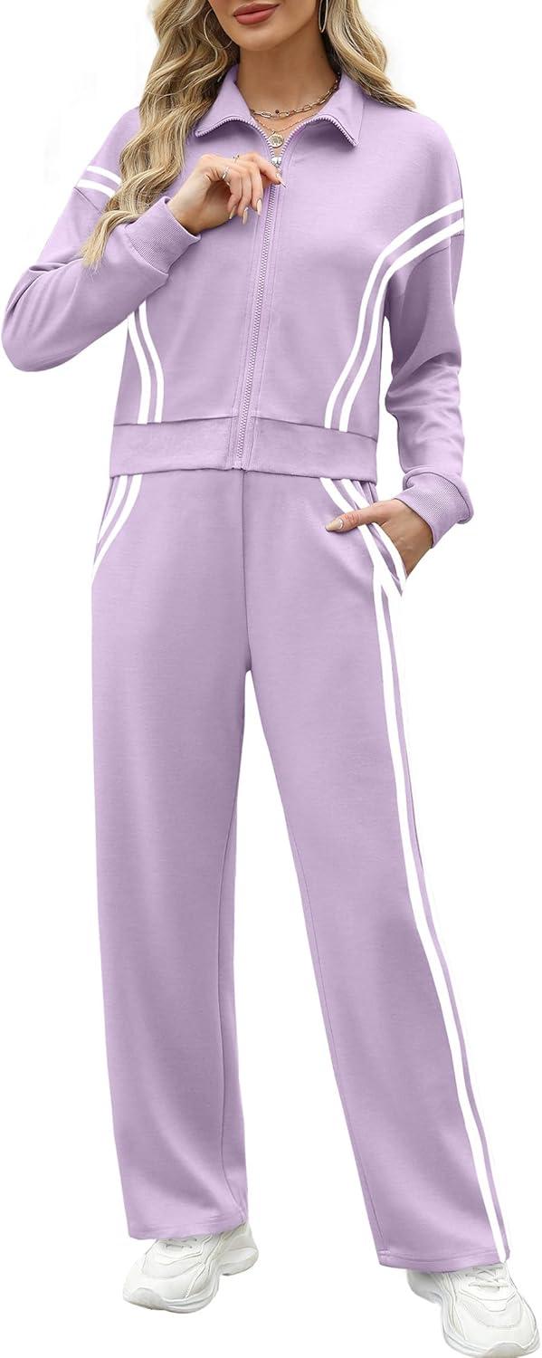 imageXIEERDUO Lounge Sets for Women 2025 Sweatsuit 2 Piece Outfits Sweatshirt Wide Leg Sweatpant Tracksuit Matching SetViolet