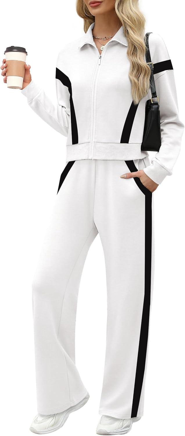 imageXIEERDUO Lounge Sets for Women 2025 Sweatsuit 2 Piece Outfits Sweatshirt Wide Leg Sweatpant Tracksuit Matching SetWhiteblack