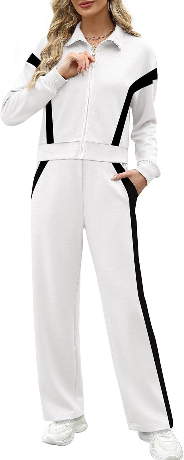 imageXIEERDUO Lounge Sets for Women 2025 Sweatsuit 2 Piece Outfits Sweatshirt Wide Leg Sweatpant Tracksuit Matching SetWhiteblack