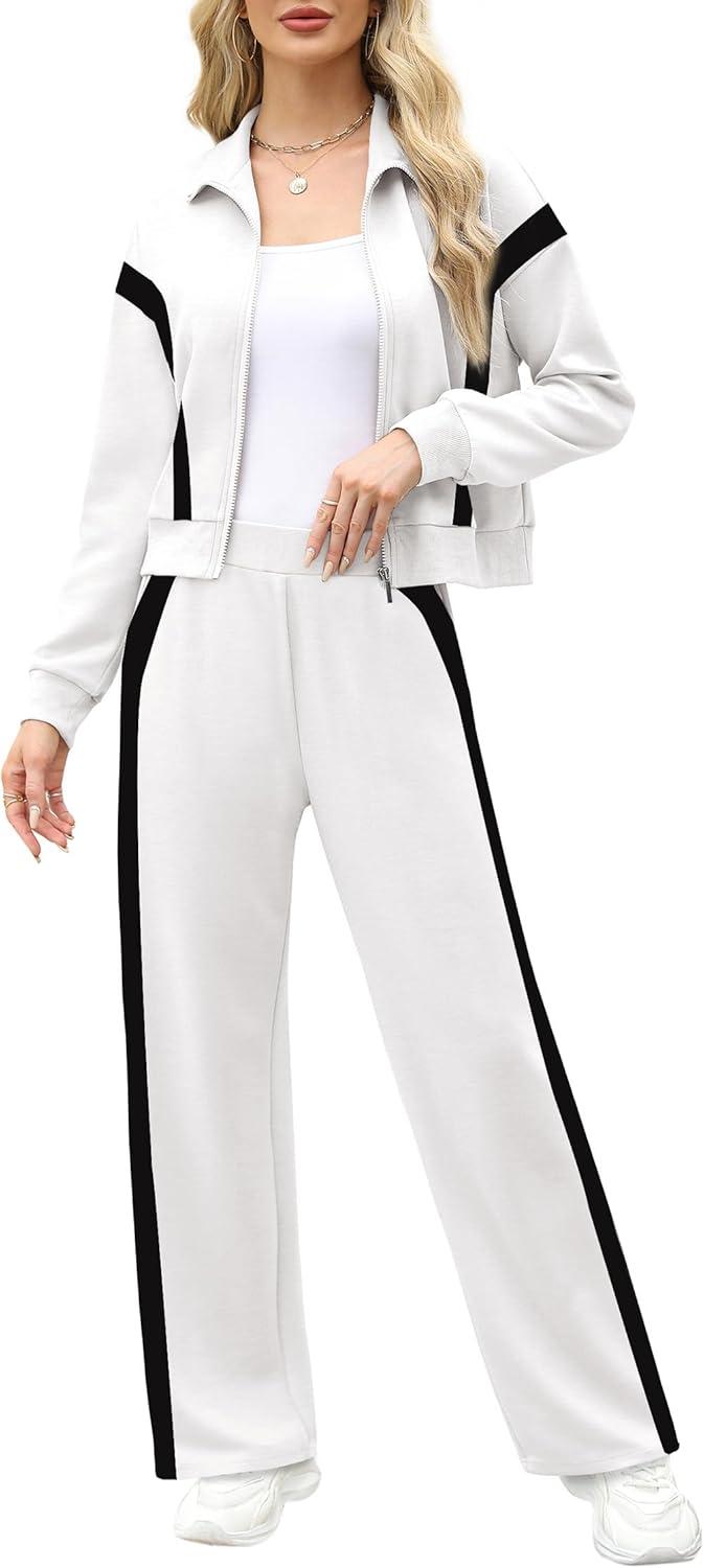 imageXIEERDUO Lounge Sets for Women 2025 Sweatsuit 2 Piece Outfits Sweatshirt Wide Leg Sweatpant Tracksuit Matching SetWhiteblack