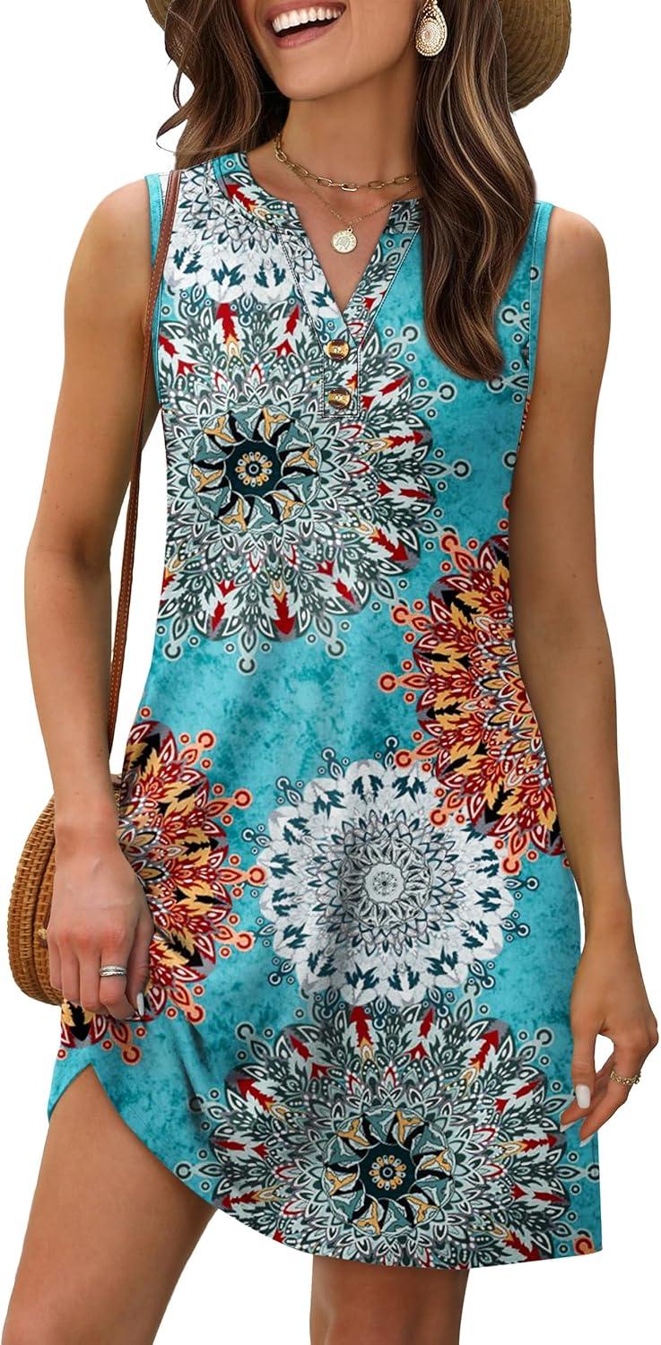 imageXIEERDUO Summer Dresses for Women 2025 Beach Vacation Clothes V Neck Button Sundresses with PocketsA Floral 01