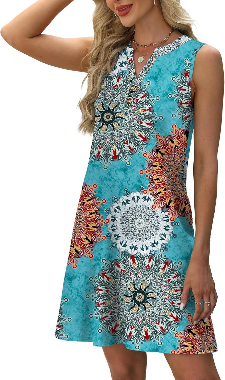 imageXIEERDUO Summer Dresses for Women 2025 Beach Vacation Clothes V Neck Button Sundresses with PocketsA Floral 01