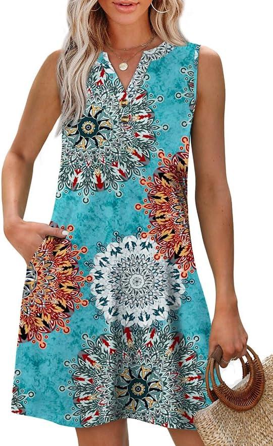 imageXIEERDUO Summer Dresses for Women 2025 Beach Vacation Clothes V Neck Button Sundresses with PocketsA Floral 01