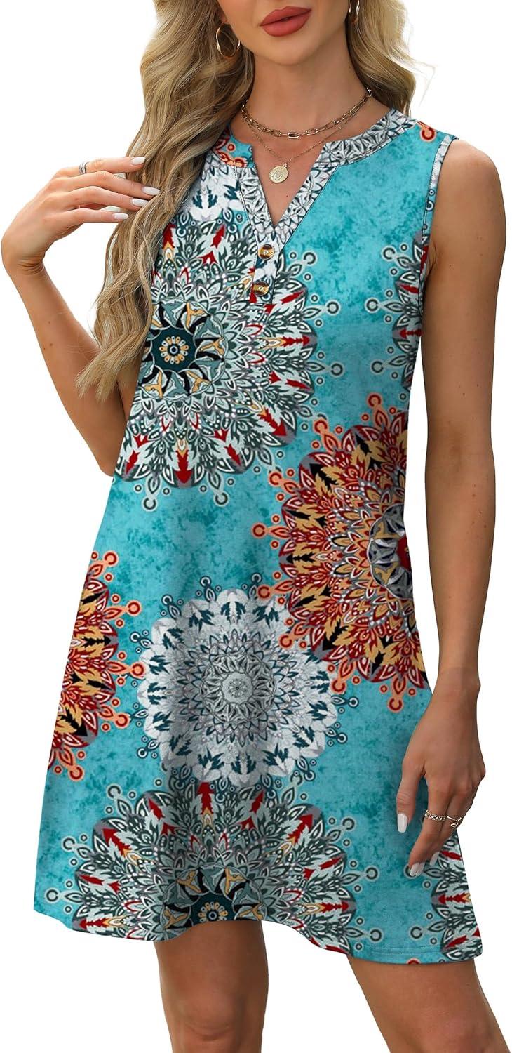 imageXIEERDUO Summer Dresses for Women 2025 Beach Vacation Clothes V Neck Button Sundresses with PocketsA Floral 01