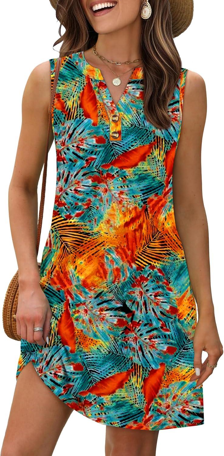 imageXIEERDUO Summer Dresses for Women 2025 Beach Vacation Clothes V Neck Button Sundresses with PocketsA Floral 02