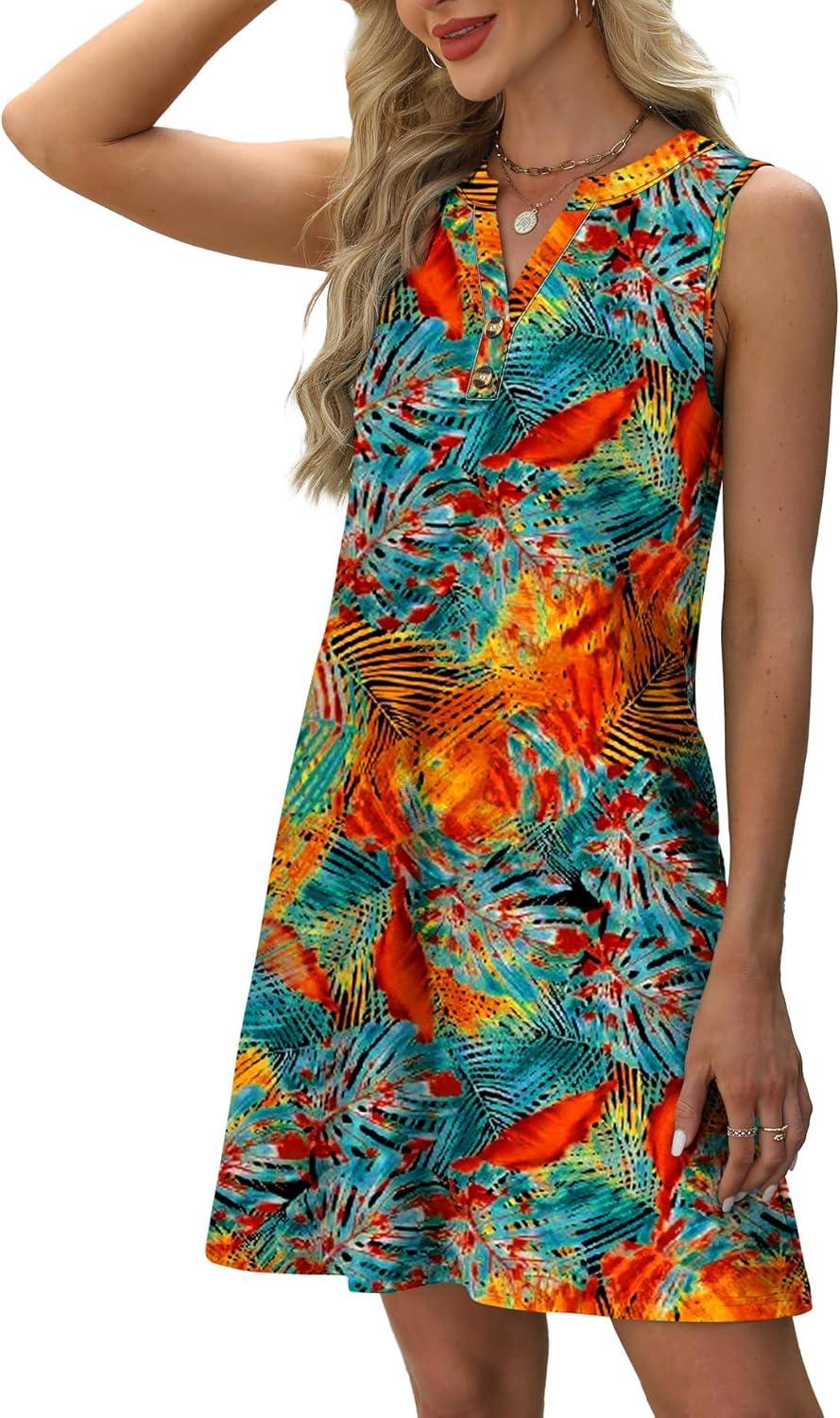 imageXIEERDUO Summer Dresses for Women 2025 Beach Vacation Clothes V Neck Button Sundresses with PocketsA Floral 02