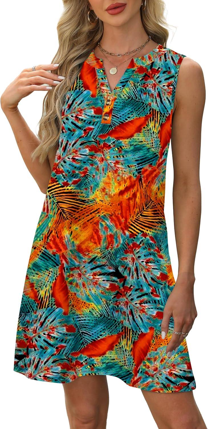 imageXIEERDUO Summer Dresses for Women 2025 Beach Vacation Clothes V Neck Button Sundresses with PocketsA Floral 02