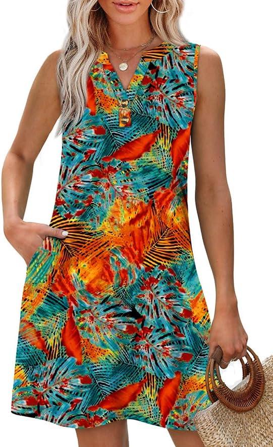 imageXIEERDUO Summer Dresses for Women 2025 Beach Vacation Clothes V Neck Button Sundresses with PocketsA Floral 02