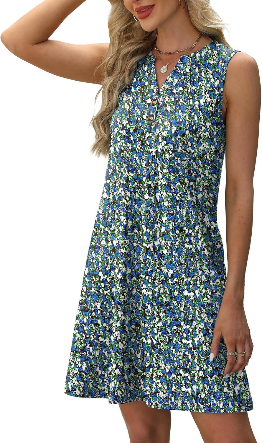 imageXIEERDUO Summer Dresses for Women 2025 Beach Vacation Clothes V Neck Button Sundresses with PocketsA Floral 03