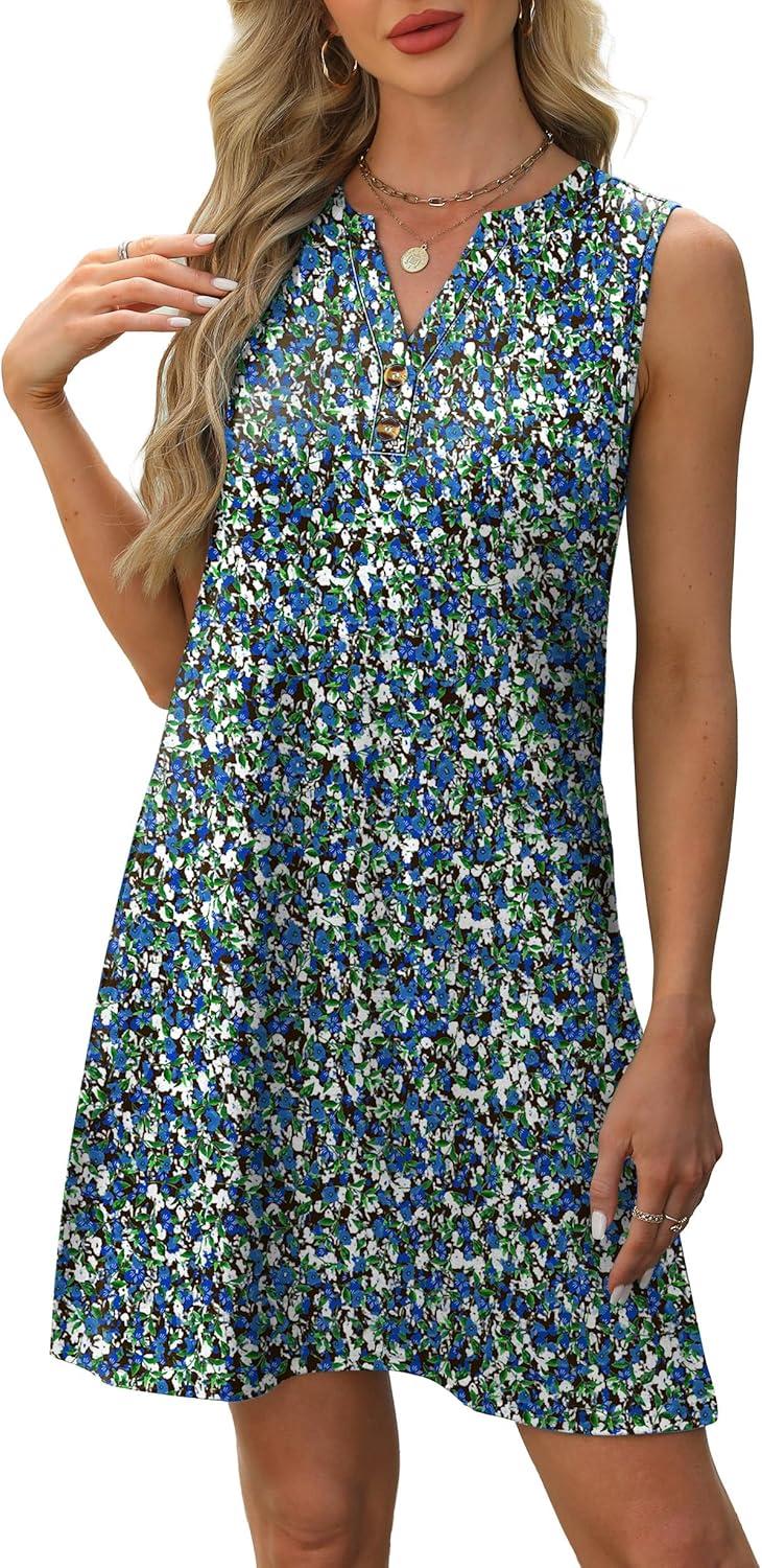 imageXIEERDUO Summer Dresses for Women 2025 Beach Vacation Clothes V Neck Button Sundresses with PocketsA Floral 03